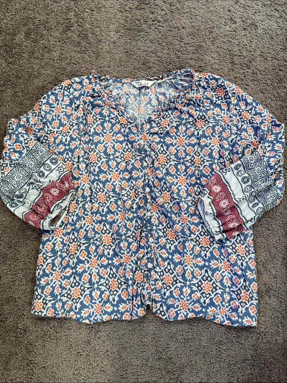 Boho Floral V-Neck Tunic Top in Blue and Orange
